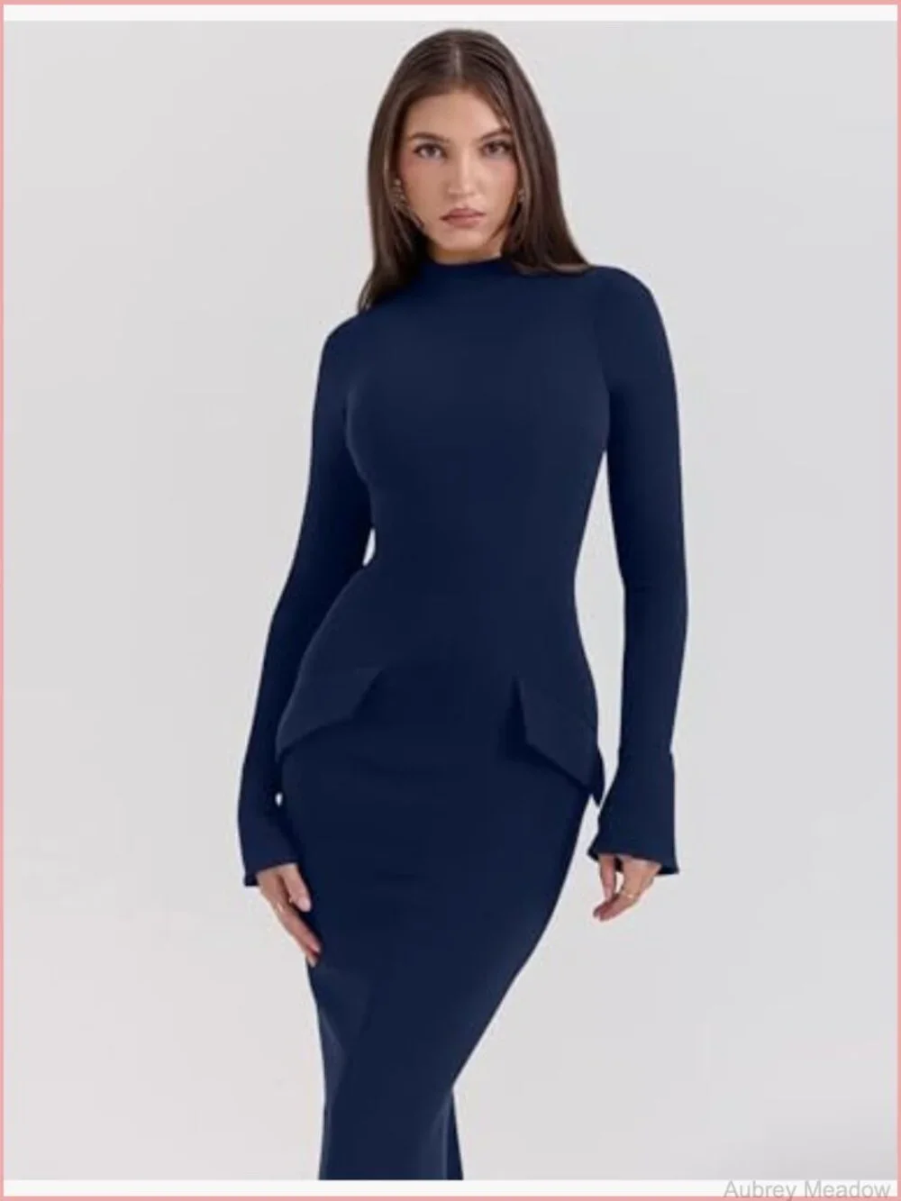 Long Sleeve Mock Turtle Neck Bodycon Pencil Dress with Back Slit - Picture 7 of 7
